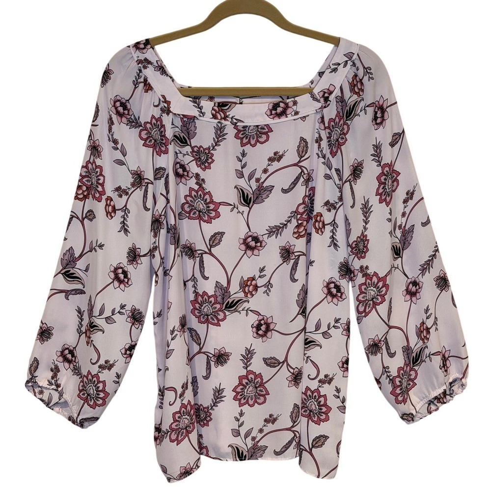 LOFT‎ Women Blouse Pink Large Floral Square Neck Balloon Sleeve Boho Top - Picture 2 of 6